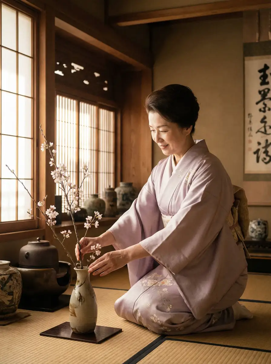 一位优雅的 黄视频 在和室中插花